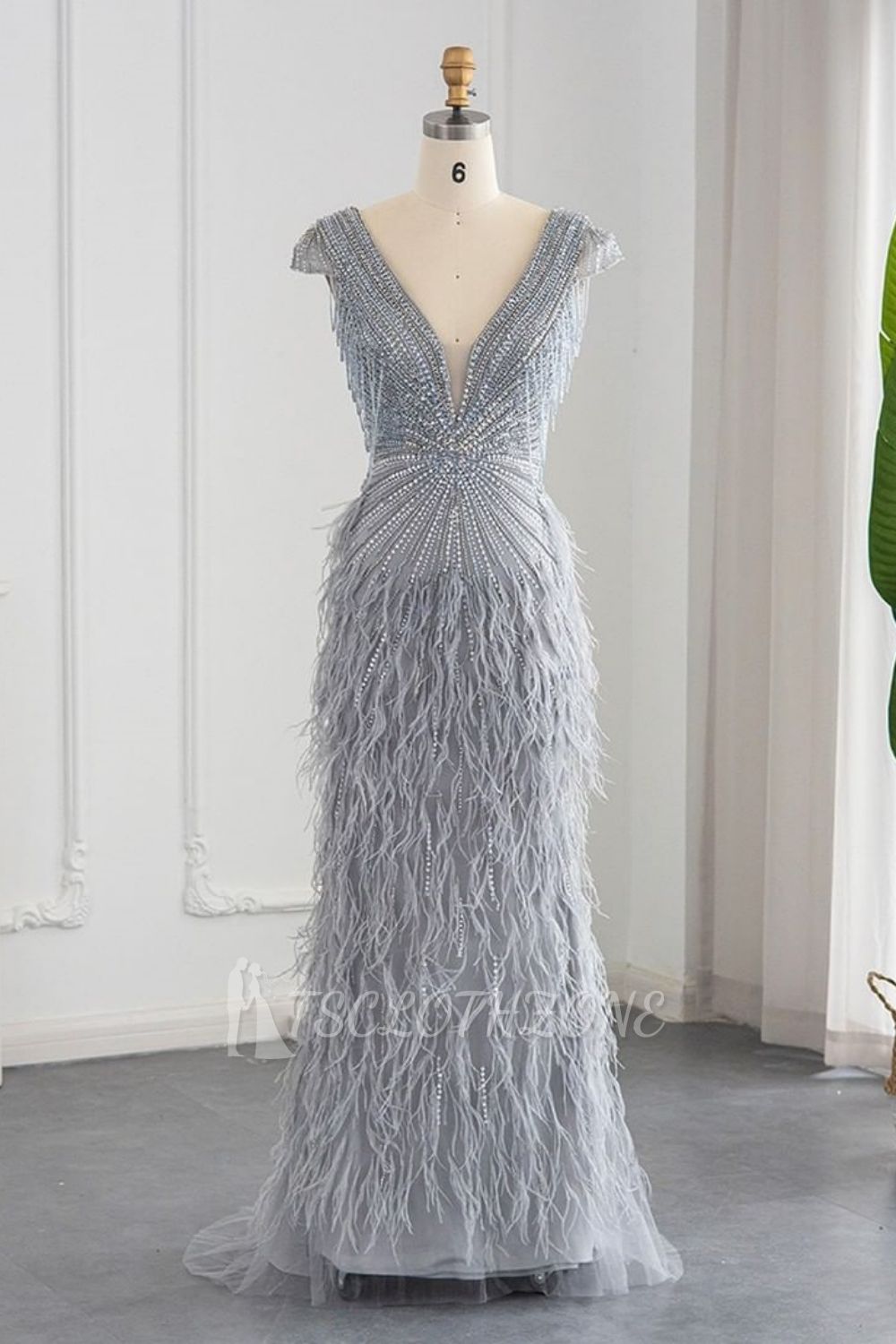 Luxuriöses Meerjungfrau-Abendkleid mit V-Ausschnitt für Damen, glitzernde Perlen, Flügelärmel, Quasten, lange Hochzeits-Party-Kleider