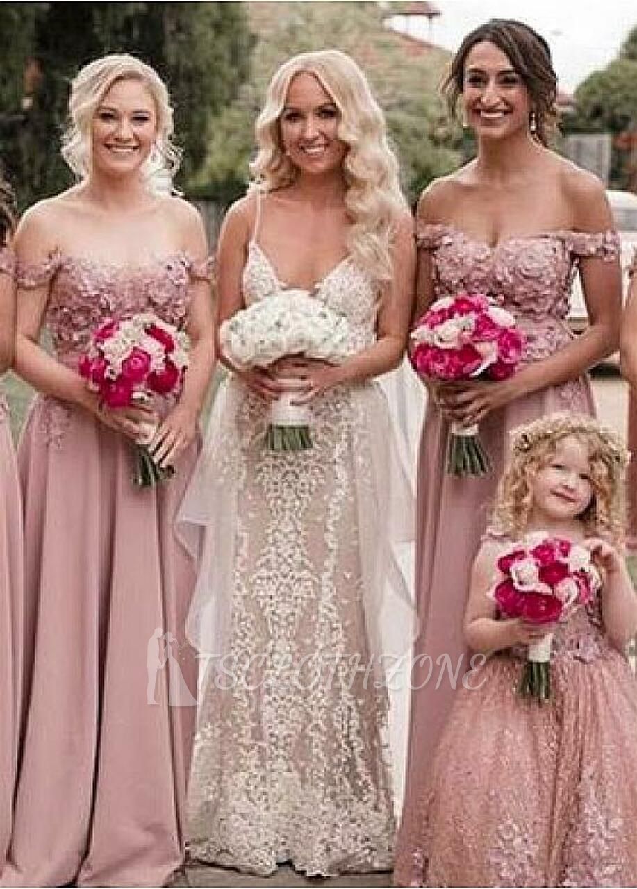 Kaufen Sie wunderschönes schulterfreies A-Linien-Brautjungfernkleid aus rosa Chiffon mit Perlenstickerei