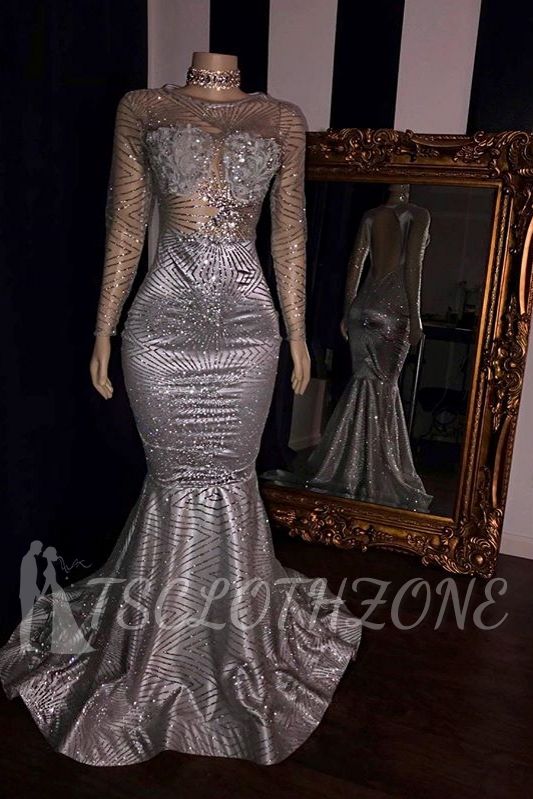 Elegant Appliques Sheer Tulle Prom Dresses | Sliver Long Sleeves Mermaid Evening Gowns
