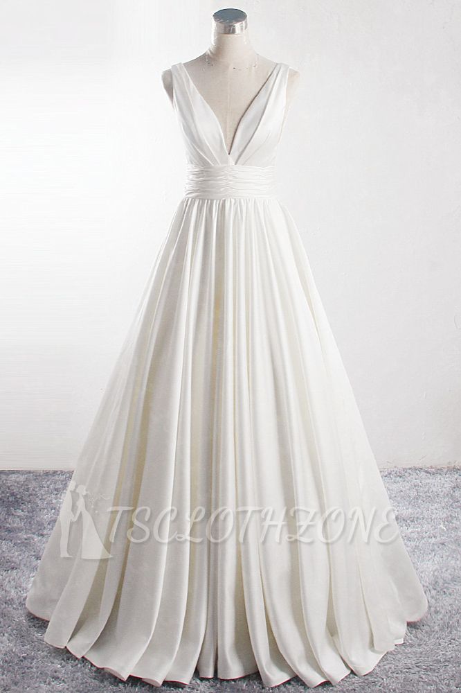 TsClothzone Affordable V-neck Satin White Wedding Dress Sleeveless Ruffles Bridal Gowns On Sale