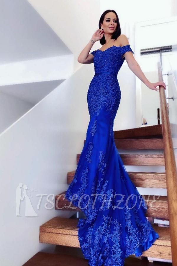 Charming Off-the-Shoulder Mermaid Evening Gown Tulle Lace Appliques Prom Dress