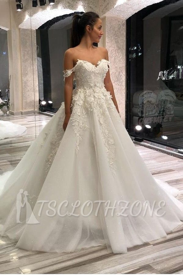 Gorgeous Off Shoulder 3D Floral A-line Wedding Dress Tulle Bridal Dress