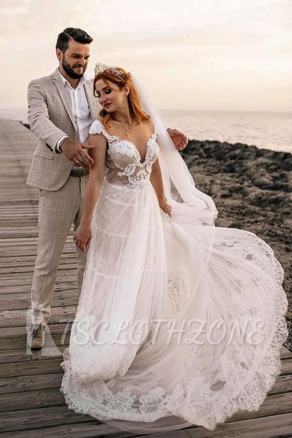 Fashionable A-Line Lace V-Neck Long Wedding Dress｜Boho Wedding Dress