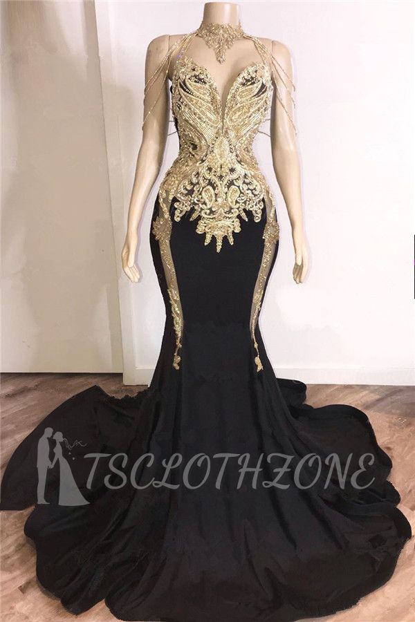 Gold Kristalle Applikationen Schwarze Abendkleider Billig | Ärmellose Meerjungfrau Sexy Abendkleider mit Ketten