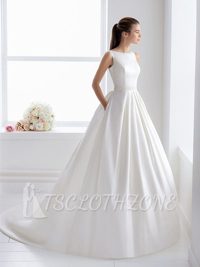 Ball Gown Wedding Dress Bateau Lace Polyester Regular Straps Bridal Gowns Elegant with Court Train