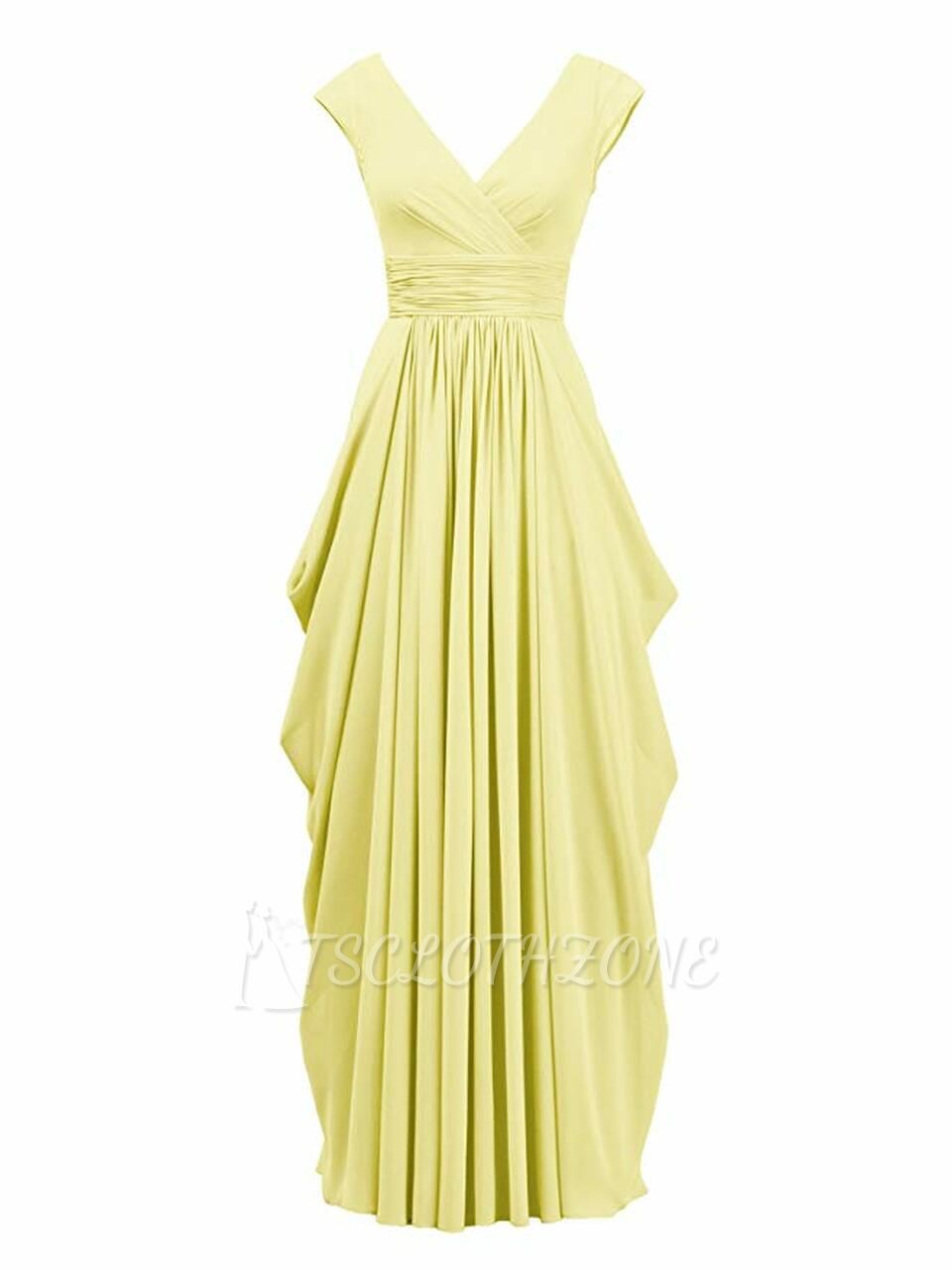 Geraffte gelbe Cape-Ärmel mit V-Ausschnitt, langes Abendkleid für Brautjungfern