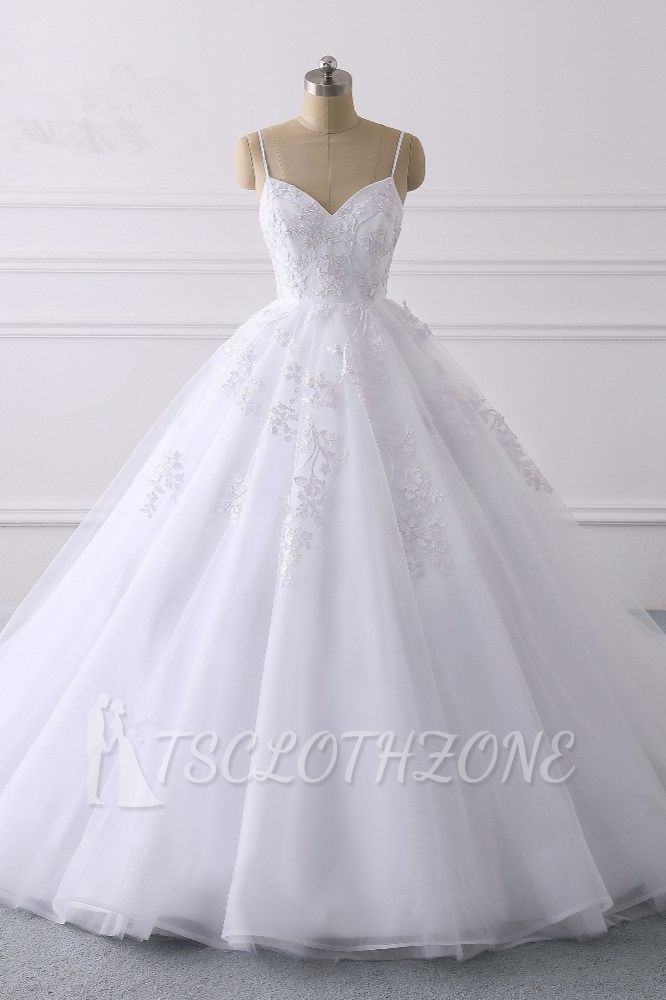 TsClothzone Glamorous Spaghetti Straps V-Neck Tulle Wedding Dress Ball Gown Ruffles Appliques Bridal Gowns Online