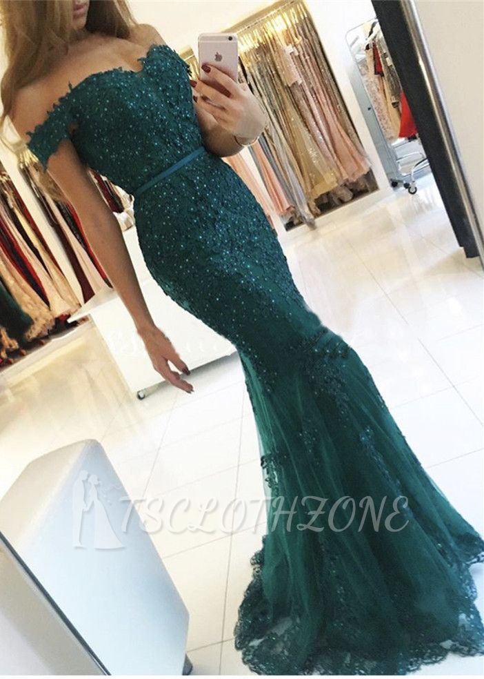 Charming Dark-Green Off-the-Shoulder Mermaid Lace Appliques Evening Dress