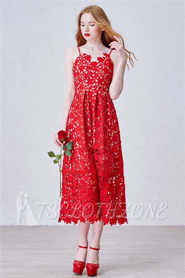 Red Spaghetti Strap Tea Length Lace Prom Dress Latest Sleeveless Zipper Evening Gowns