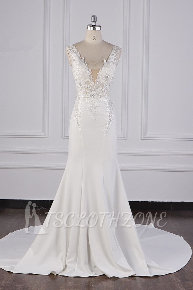 TsClothzone Glamorous Mermaid Satin Sleeveless Wedding Dress White Lace Appliques Bridal Gowns with Beadings On sale