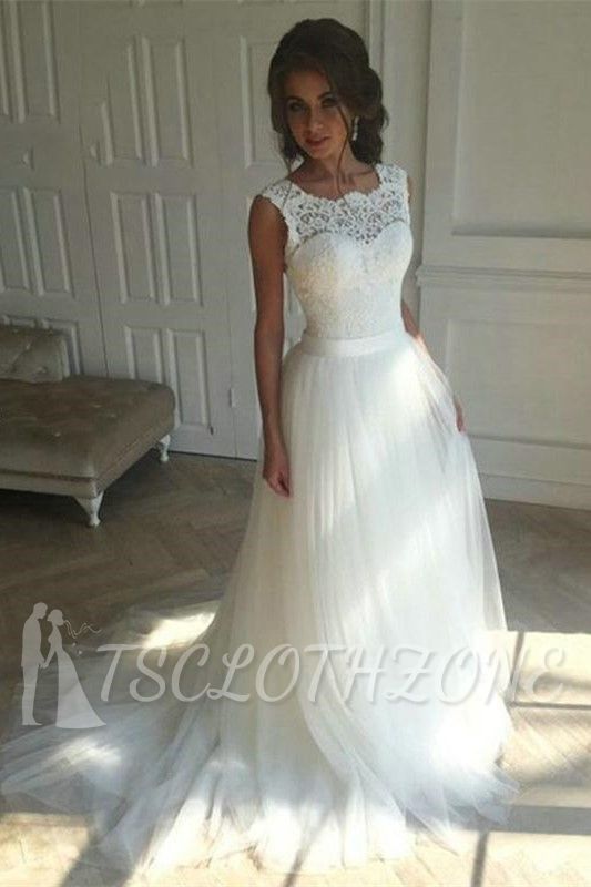 Elegant Jewel Lace TulleWedding Dress Boho Sleeveless Applqiues Bridal Gowns