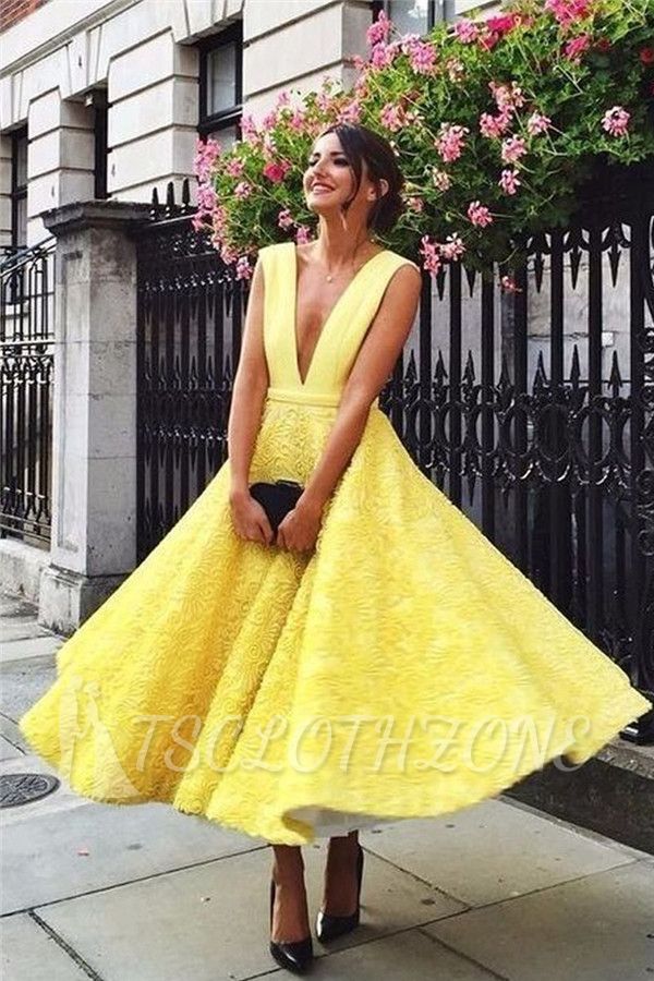 Sexy Gelbe Abendkleider Tief V-Ausschnitt | Schlichte Abendkelider A-Linie