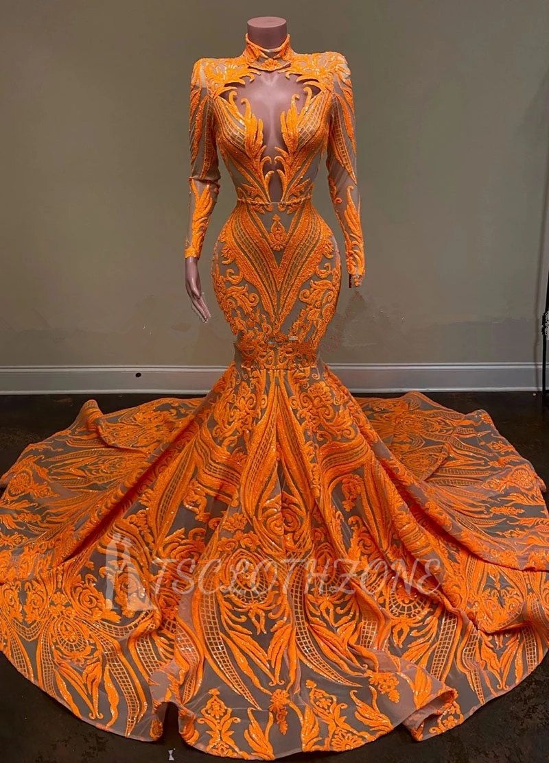 Charming Orange Turtleneck Mermaid Ball Gown | Long Sleeve Floor Length Evening Dress