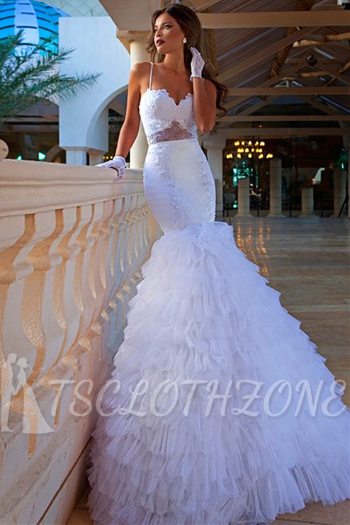 Spaghetti Straps White Mermaid Wedding Dresses 2022 Applique Sweep Train Sexy Bridal Gowns