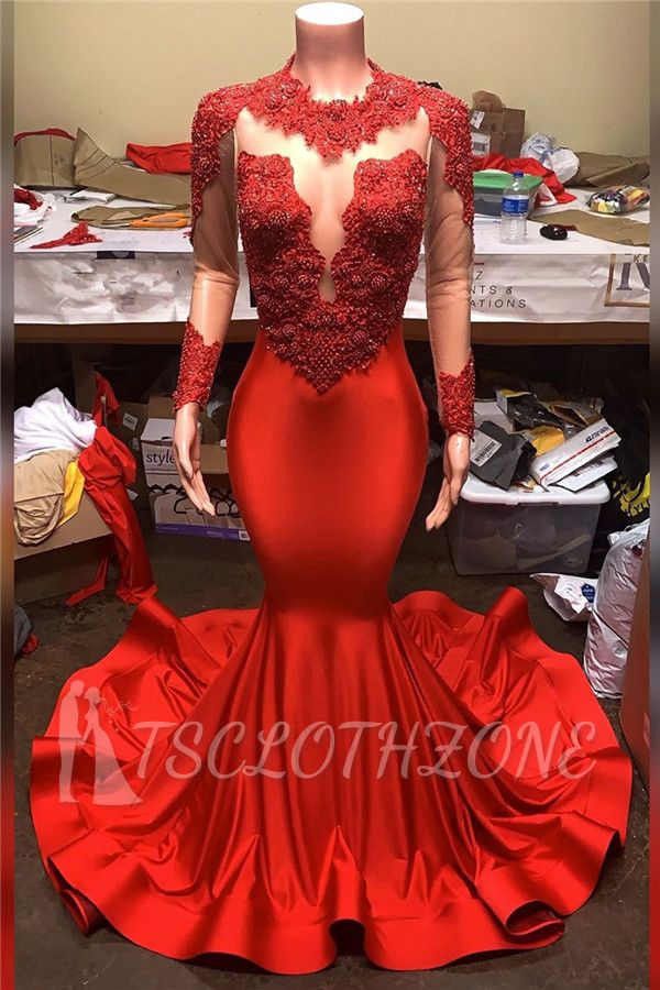 Sheer Tulle Lace Appliques Long Sleeves Mermaid Red Prom dresses