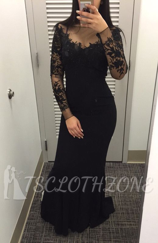 Mermaid Black Long Sleeve Party Gowns Sexy Lace Applique Long Wvening Gowns
