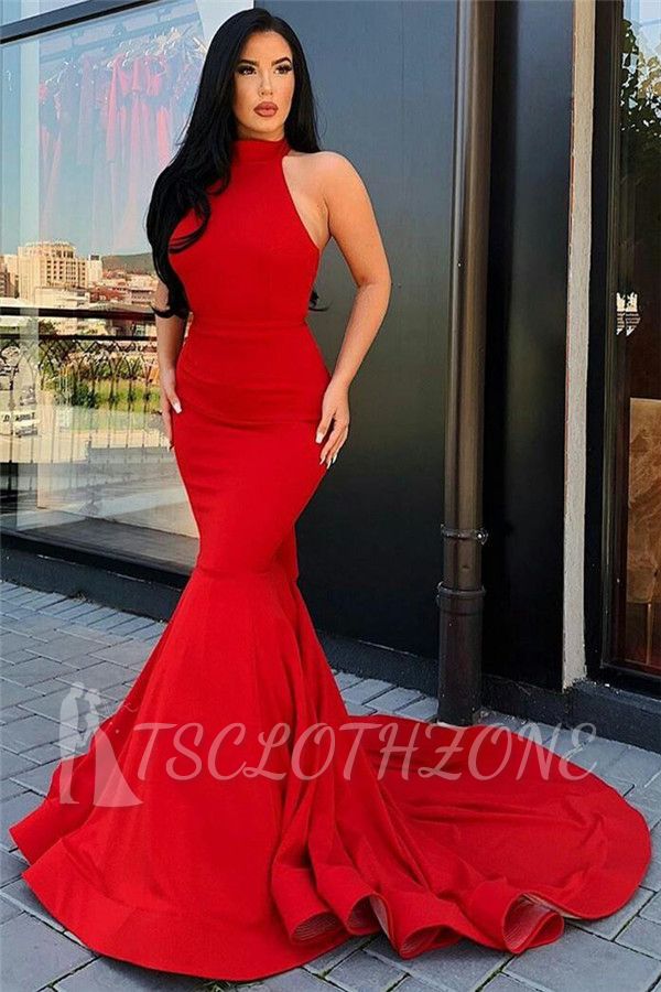 Backless Mermaid Sexy Prom Dresses Red | Sleeveless Ruffles Cheap Formal Evening Gowns with Court Train