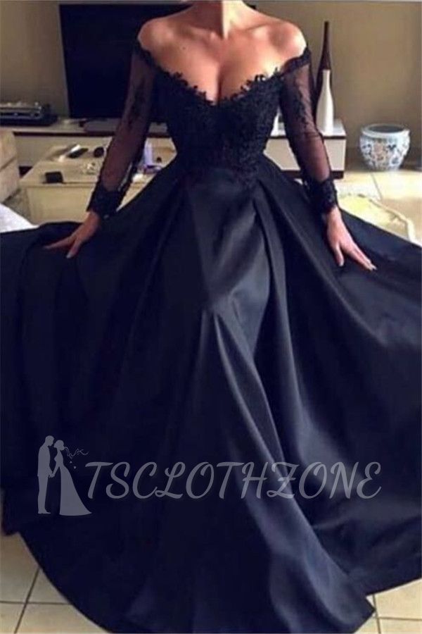 Schulterfreies, sexy schwarzes Spitzen-Abendkleid | Langärmlige, transparente, billige Abendkleider 2022