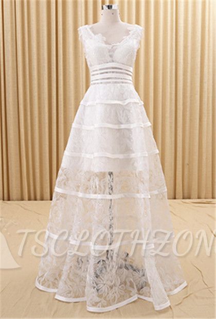 Lovely Sheer Lace V-neck White Evening Dresses Lace-Up Charming 2022 Prom Gowns