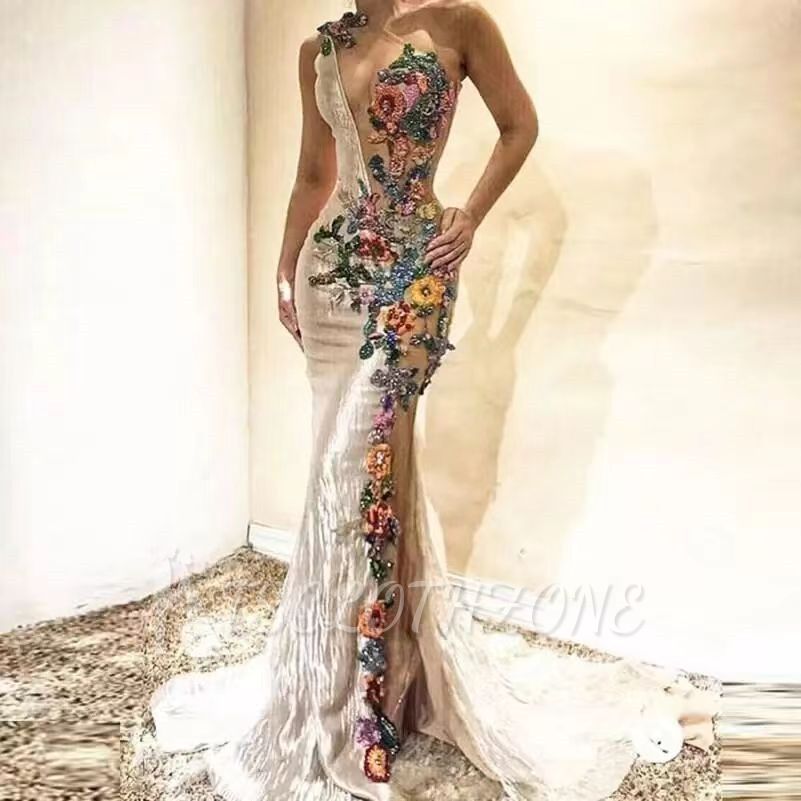 Amazing Floral Pattern Beadings Mermaid Prom Dress