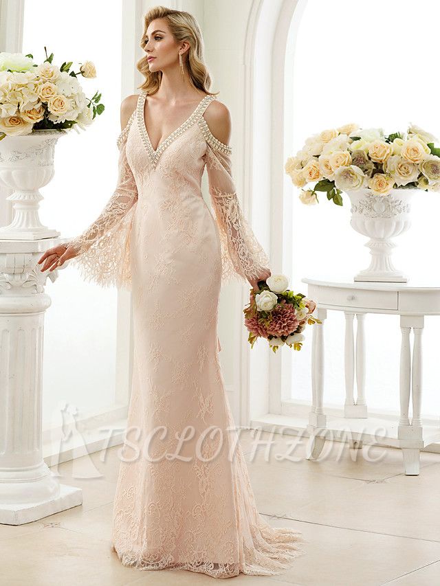 Sexy Etui-Hochzeitskleid mit floraler Spitze, langen Ärmeln, Brautkleidern in Farbe, offener Rücken mit Sweep-Zug