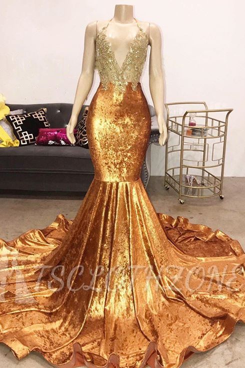 Luxus Perlen Applikationen Gold Ballkleider | Mermaid Open Back Sexy Abendkleider Billig