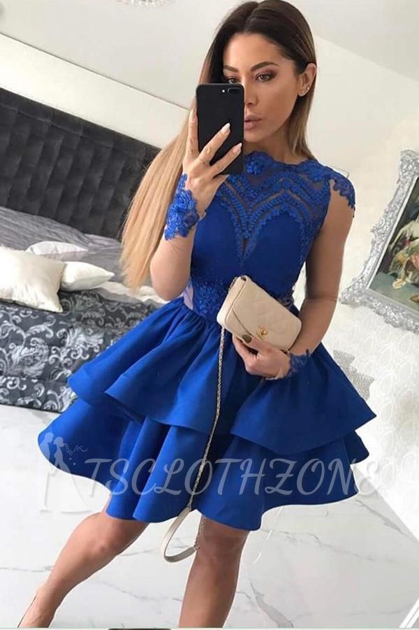 Royal Blue A-line Short Homecoming Dresses 2022 | Long Sleeves Appliques Tiered Hoco Dress