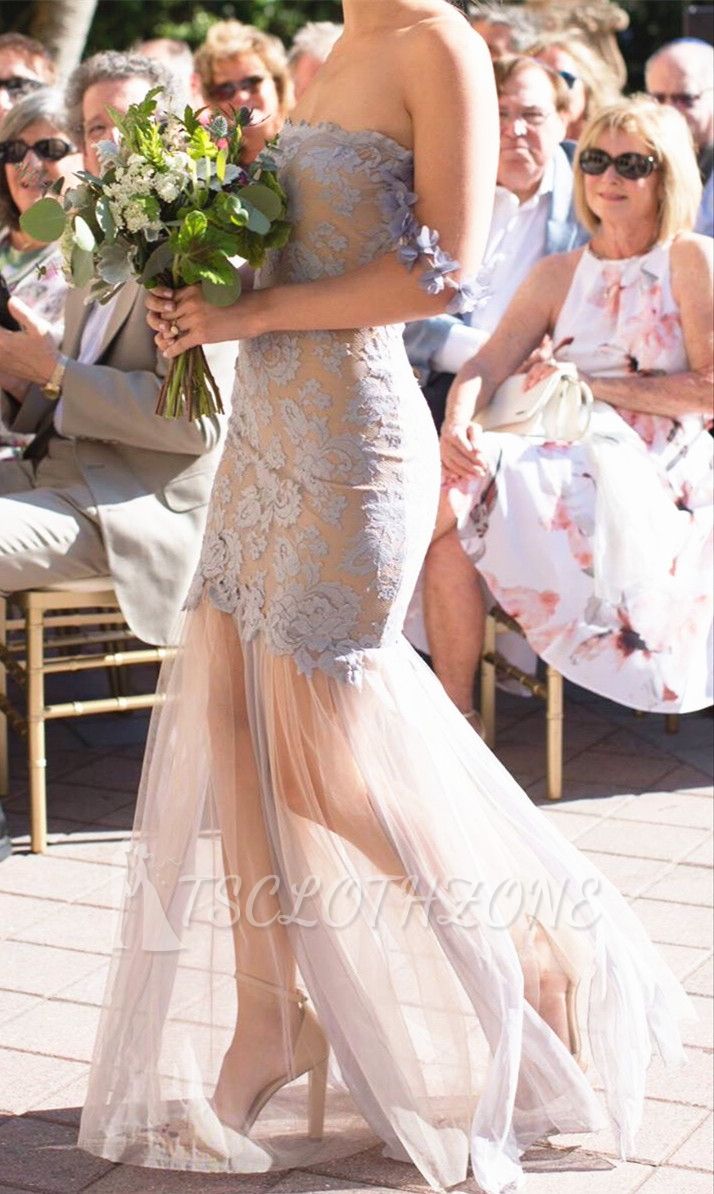 Trägerlose schulterfreie Brautjungfernkleider aus Spitze 2022 Günstige durchsichtige Tüll-Abendkleider