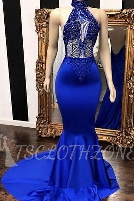 Royal Blue Halter Sleeveless Lace Beading Mermaid Long Prom Dresses