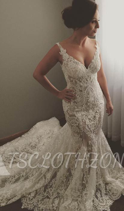 V-neck Sleeveless Mermaid Wedding Dresses Sexy Lace Appliques Bridal Gown