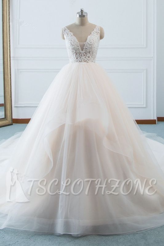 TsClothzone Einfaches Brautkleid mit V-Ausschnitt und weißem Tüll, ärmellose Brautkleider mit Spitze und Perlen im Angebot