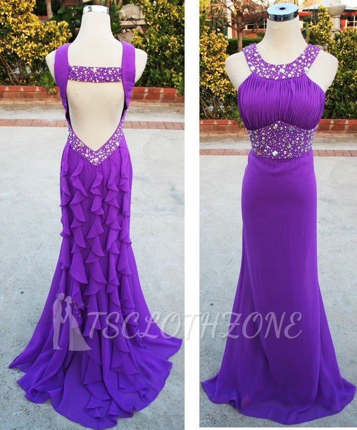 Halter Beading Purple Chiffon Long Evening Dress Empire Ruffle Open Back Occasion Gowns