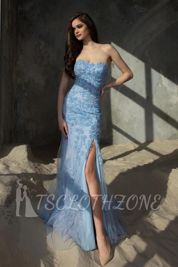 Blue evening dresses long glitter | Prom dresses with lace