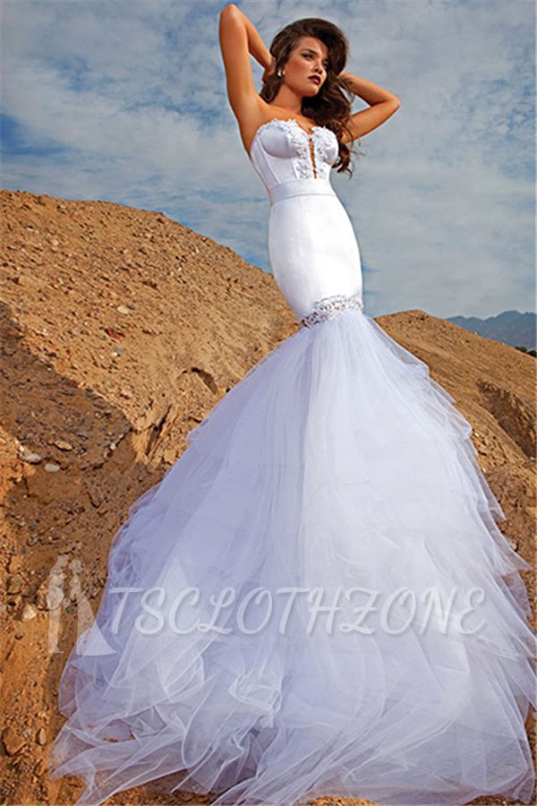 White Applique Sweetheart Wedding Dresses 2022 Organza Sweep Train Bridal Gowns with Beadings