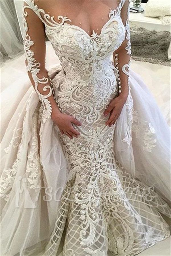 Glamorous Long Sleeves Lace Wedding Dresses 2022 | Sexy Mermaid Bridal Gowns with Detachable Skirt