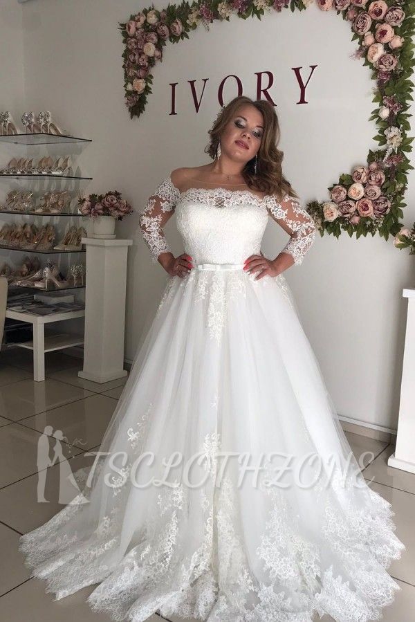 Gorgeous Off-the-shoulder Long sleeves Lace Princess Plus size wedding dress