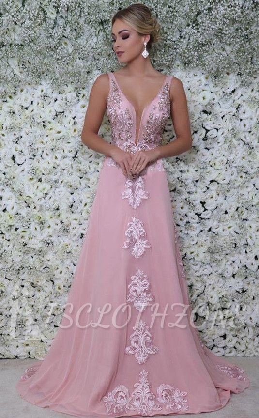 2022 Pink A-Line Sleeveless Evening Dresses | Appliques Open Back Elegant Prom Dress