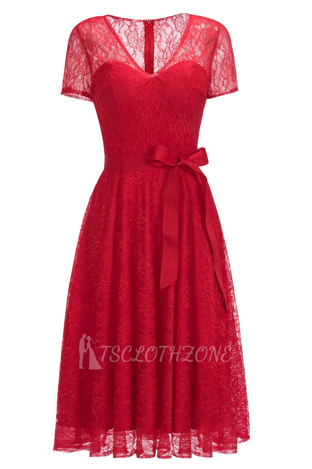 V-neck Short Sleeves Lace Dresses with Bow Sash