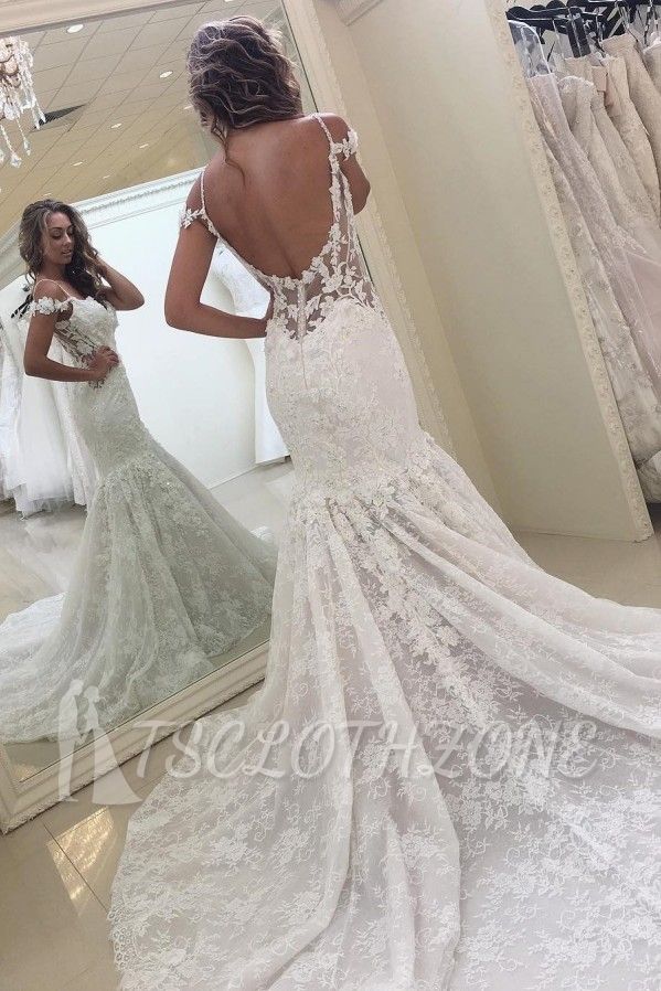 Elegant White Off-the-shoulder Lace Mermaid Backless Wedding Dress