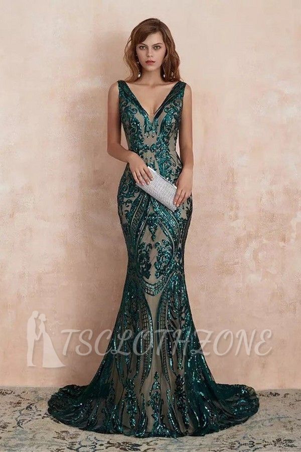 Stylish V-Neck Sleeveless Mermaid Prom Maxi Gown with Glitter Sequins Appliques