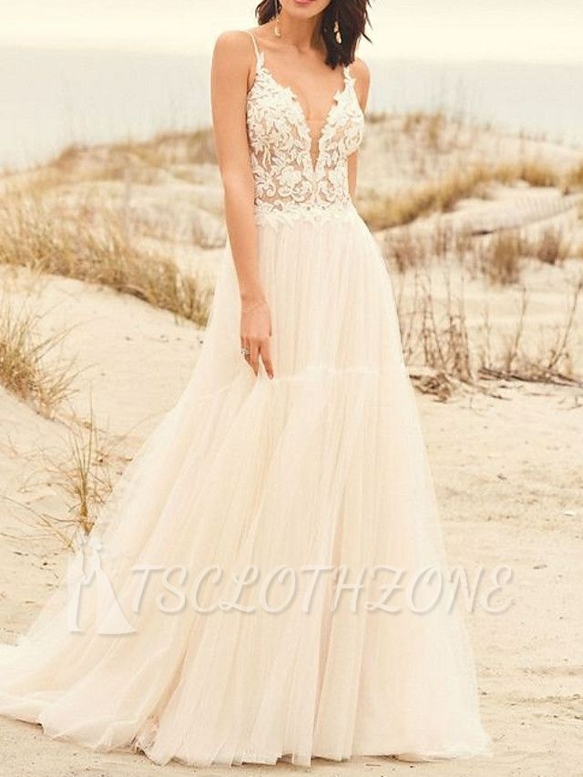 Spaghetti Straps Tulle V Neck A-Line Wedding Dresses With Lace Appliques