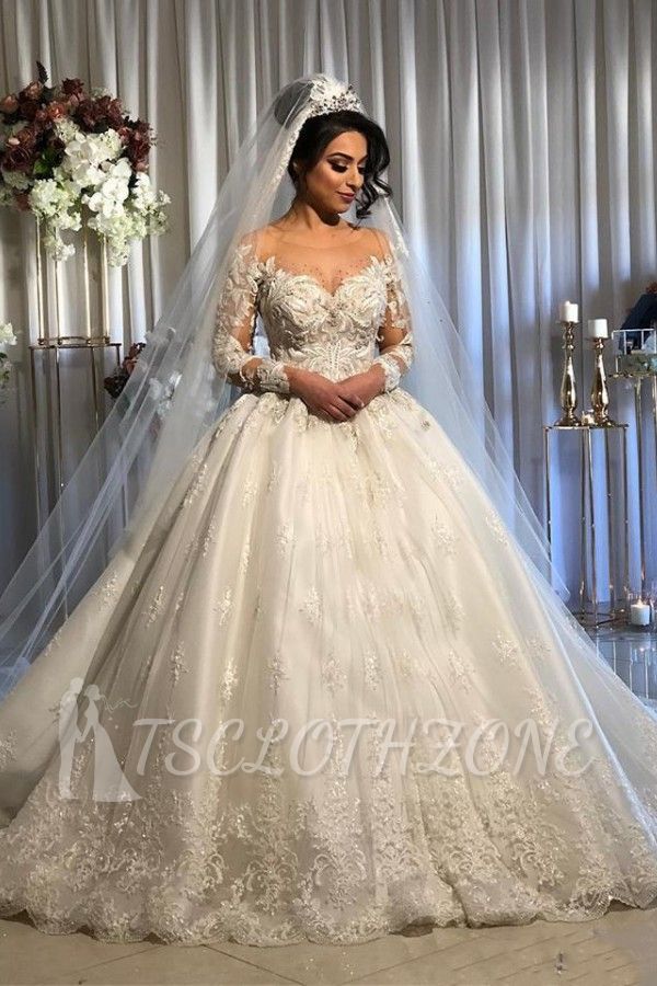Appliques Beads Ball Gown Wedding Dresses | Sheer Tulle Long Sleeve Bridal Gowns