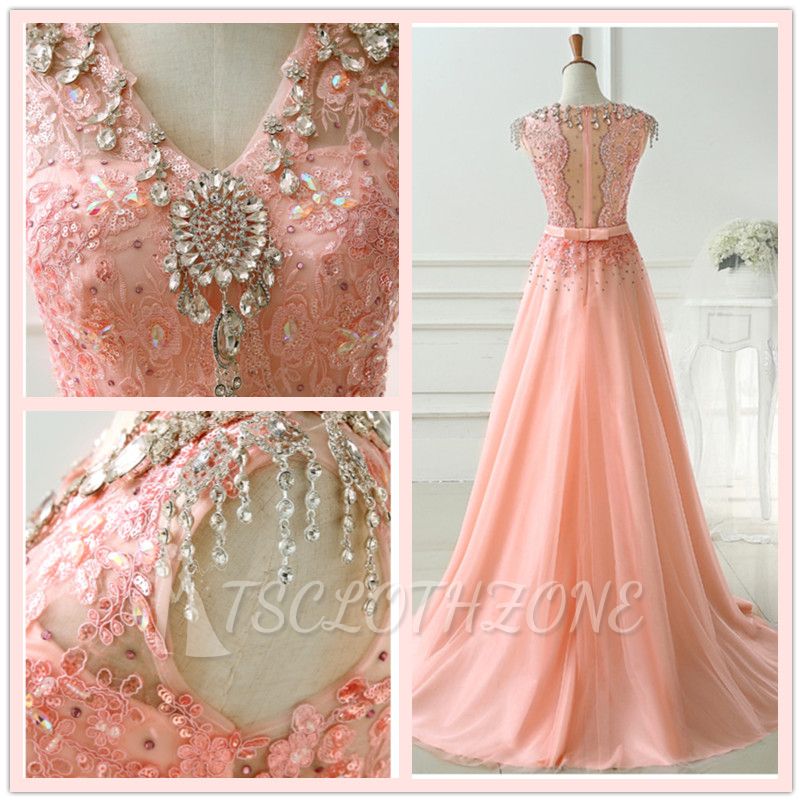 Pink V-Neck Crystal Lace Evening Dresses Sweep Train Zipper Charming 2022 Prom Dresses