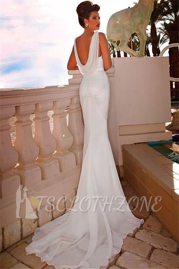 Sexy White V-Neck Bridal Dresses 2022 Mermaid Lace Sweep Train Backless Wedding Dresses