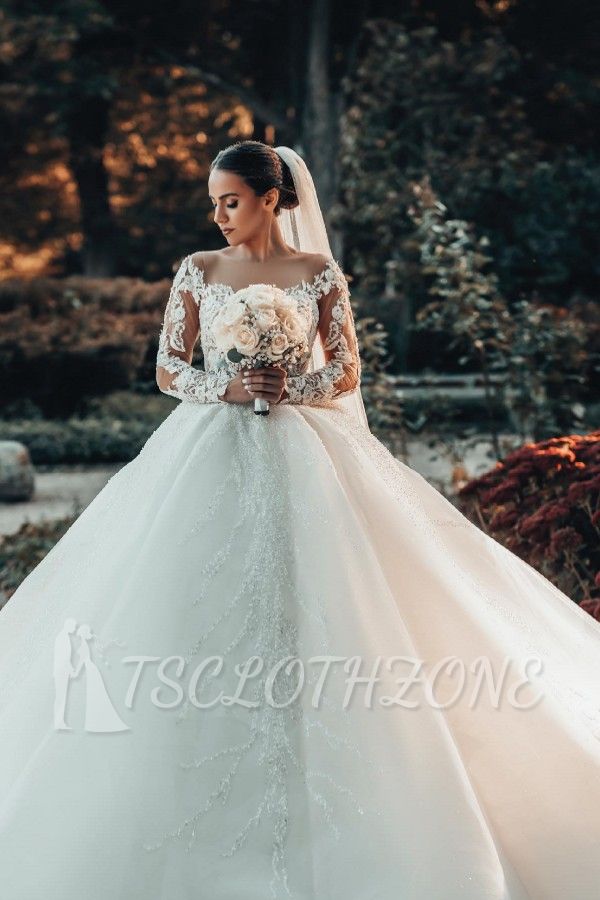 Luxuriöses Brautkleid in A-Linie aus Spitze mit Ärmeln