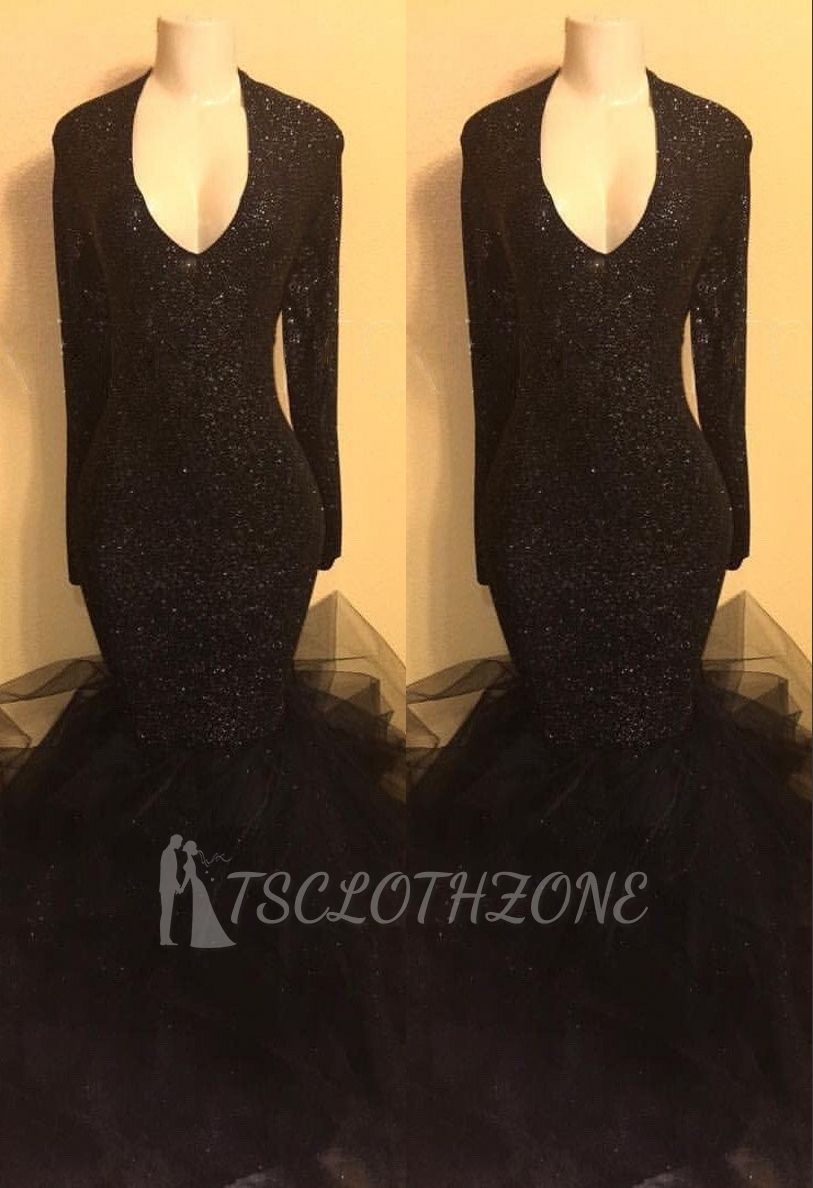 Sexy black sequins prom dress, ruffles evening dress BA8155