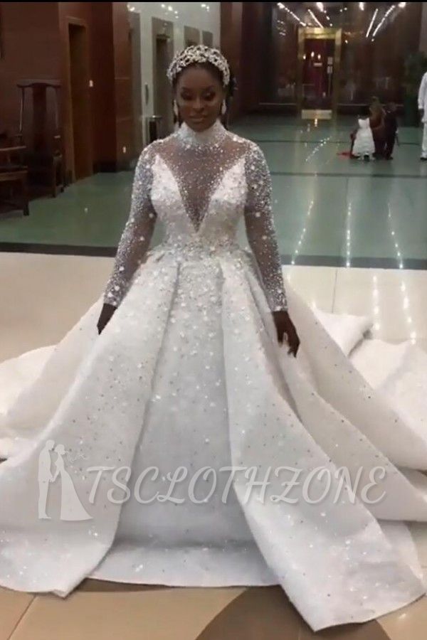 Gorgeous Sparkling Crystal Beads Ball Gown Wedding Dresses | High Neck Long Sleeve Bridal Gowns