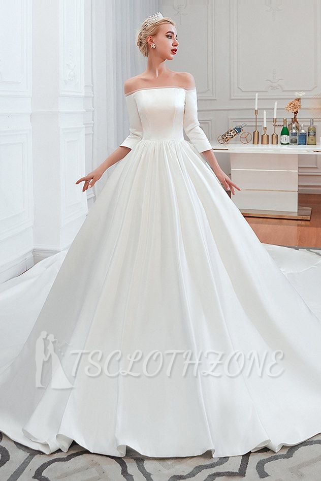 2/3 Langarm Ballkleid Weiß Brautkleid mit weichen Falten | Einfache Luxus-Brautkleider für die Winterhochzeit