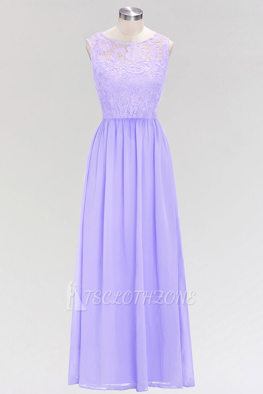 A-line Chiffon Lace Jewel Sleeveless Floor-Length Bridesmaid Dress with Ruffles