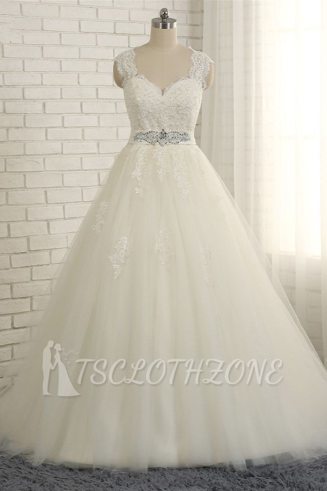 TsClothzone Sexy Straps Sleeveless Lace Wedding Dresses With Appliques A line Tulle Ruffles Bridal Gowns On Sale